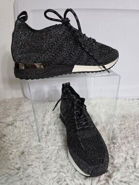 URBAN SPORT WOMEN Sparkle Knit Lace-Up Sneakers in Black and Metallic Size:10